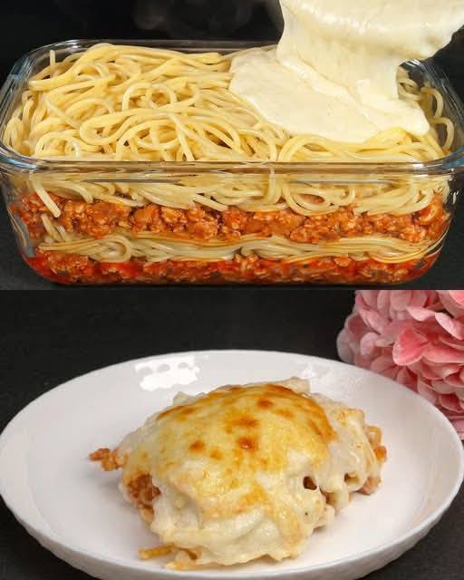 Zapiekane spaghetti z mieloną wołowiną i boczkiem