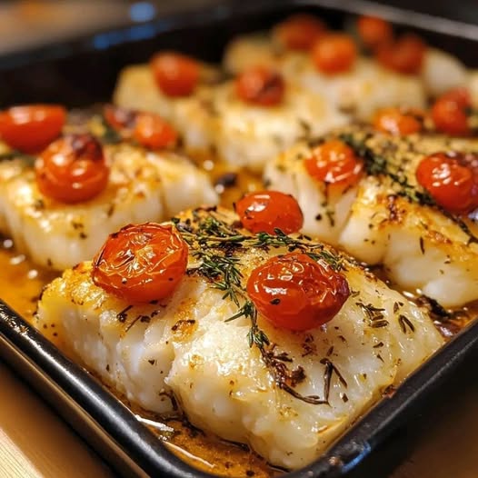 Dorsz pieczony w piekarniku z pomidorkami koktajlowymi i tymiankiem