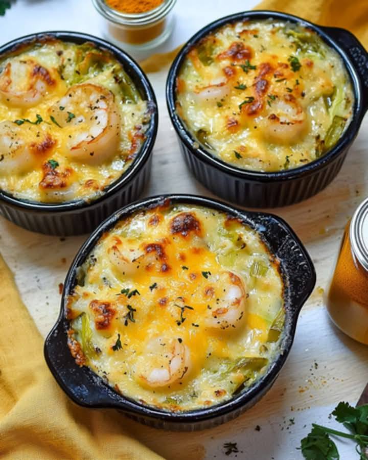 Danie zapiekane z krewetkami i porem