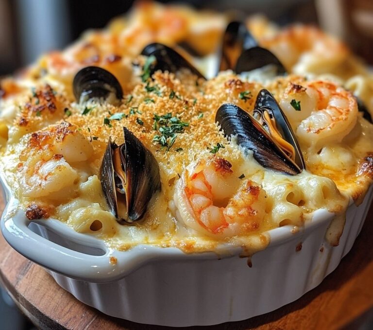 Zapiekanka z makaronem i owocami morza (makaron z krewetkami i małżami)
