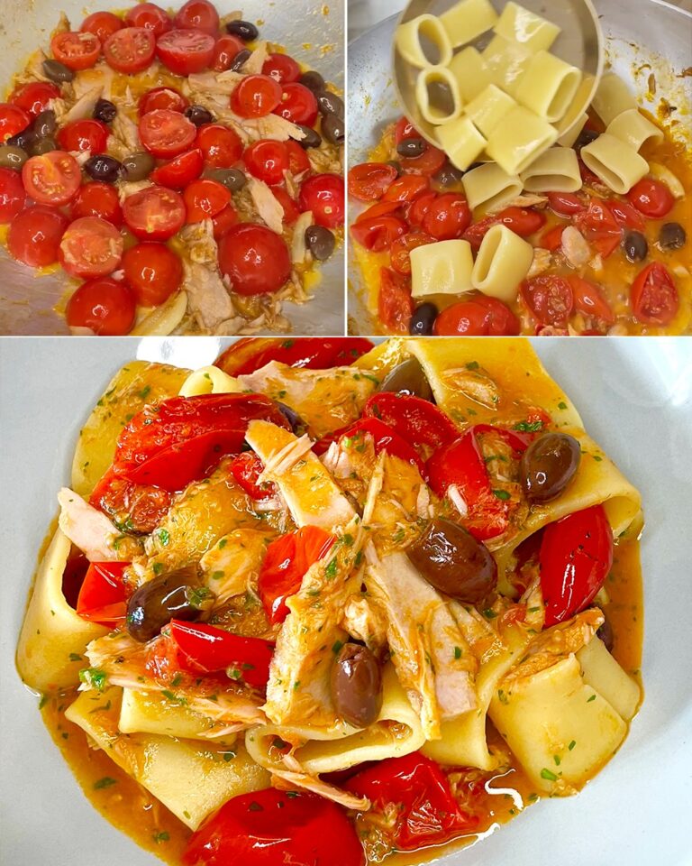 Makaron z tuńczykiem, oliwkami i pomidorkami koktajlowymi