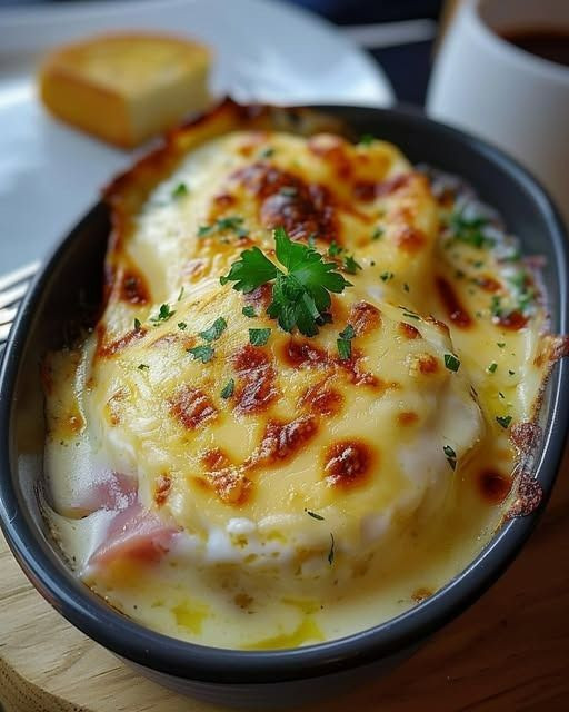 Jajka na twardo z szynką i serem w sosie beszamelowym