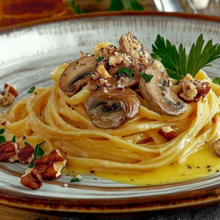 Tagliatelle Carbonara z Pieczarkami i Prażonymi Orzechami Laskowymi