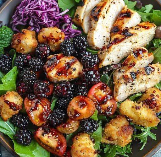 Grillowany kurczak w sosie balsamicznym i sałatka z jeżynami z chrupiącym smażonym serem kozim