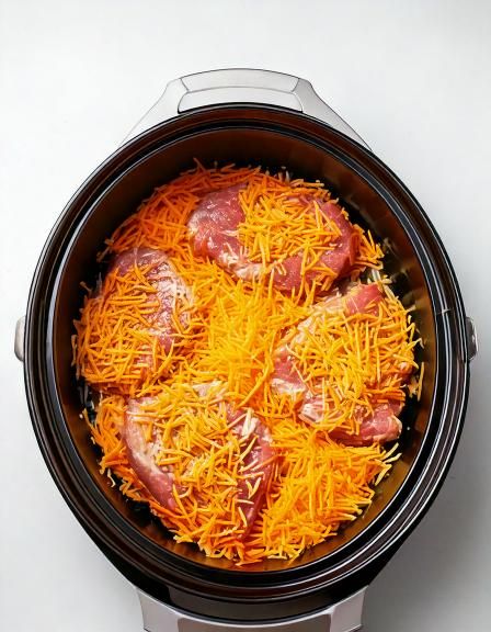 Zmieszaj surowe, bezkostne kotlety wieprzowe i starty ser cheddar w wolnowarze. Smaki połączą się w coś boskiego!