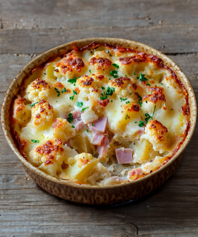 Złoty kalafior i zapiekanka ziemniaczana z roztopionym serem