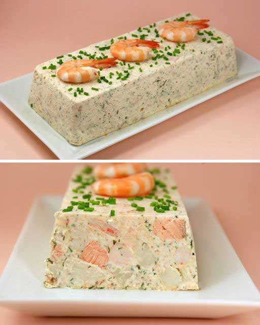 TERRINA Z PRZEGRZEBEK, ŁOSOSIA I KREWETK Z KREMEM CYTRYNOWYM