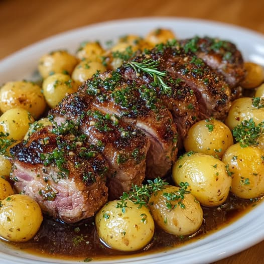 Noga jagnięca z czosnkiem i ziołami z ziemniakami