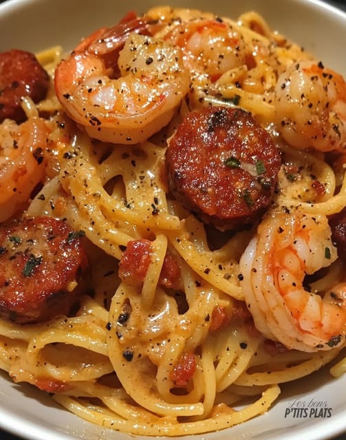 „Spaghetti z kremem paprykowym, chorizo ​​i krewetkami”