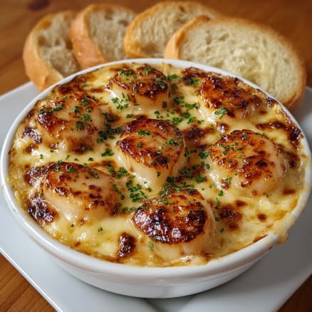 Zapiekanka z rozpływającymi się w ustach przegrzebkami z kremowym sosem