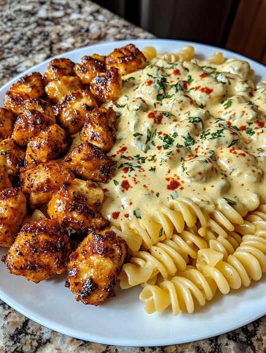 Maślane kąski z kurczaka z czosnkiem i pikantny makaron Cajun Alfredo