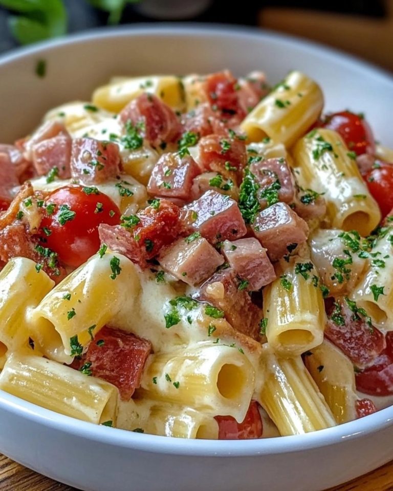 Makaron z Boursin, boczkiem i pomidorami