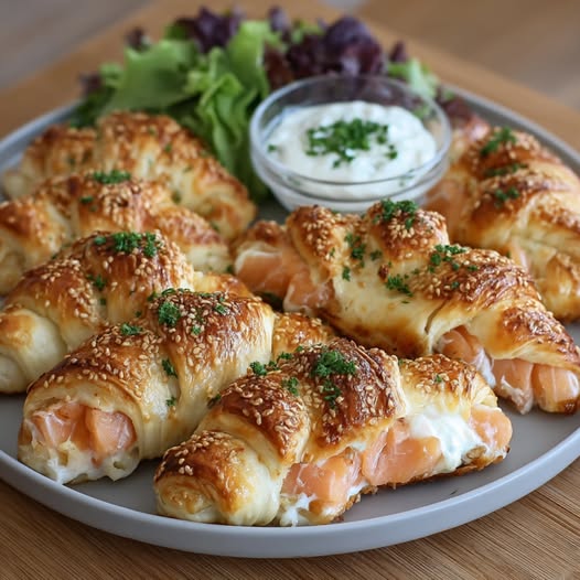 Skręcone ciastka francuskie z łososiem i serkiem śmietankowym