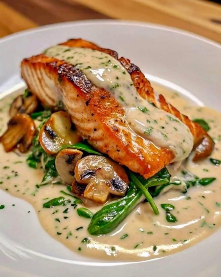 Łosoś z masłem czosnkowym, szpinakiem i pieczarkami w kremowym sosie