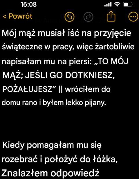 Przed firmowym przyjęciem świątecznym napisałam zabawną wiadomość na piersi mojego męża i otrzymałam niespodziewaną odpowiedź.